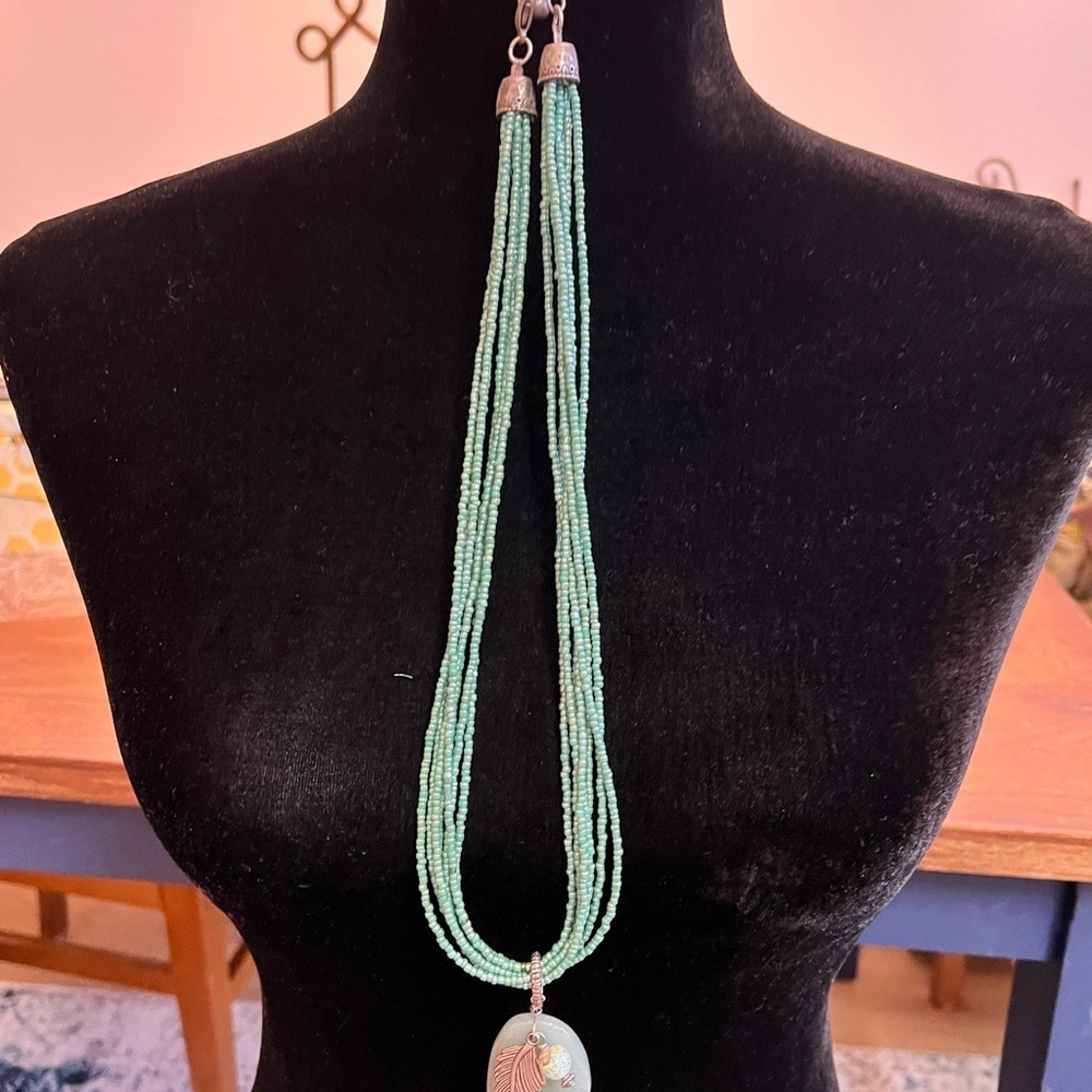 Multi-Strand Green Beaded Necklace – Aventurine Pendant with Leaf Charm - Picture 4 of 4